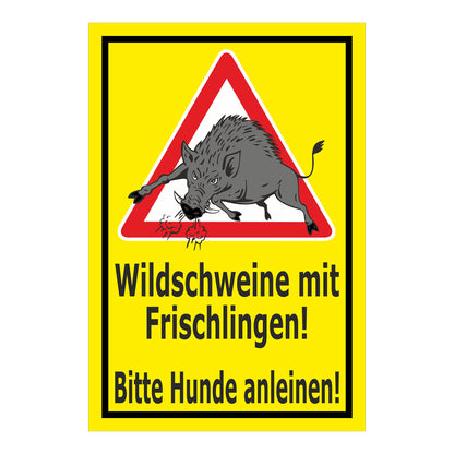 Schild Wildschweine mit Frischlingen – Bitte Hunde anleinen ‚Wildschweine mit Frischlingen! Bitte Hunde anleinen!‘ in gelb