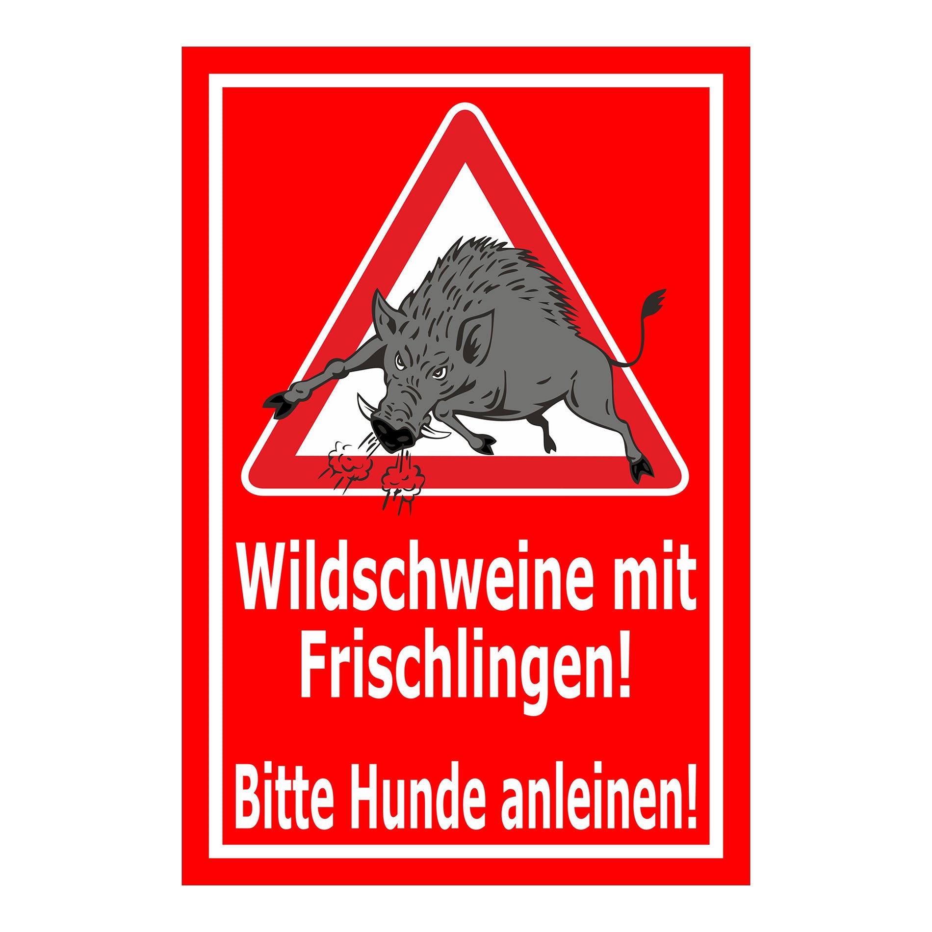 Schild Wildschweine mit Frischlingen – Bitte Hunde anleinen ‚Wildschweine mit Frischlingen! Bitte Hunde anleinen!‘ in rot