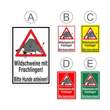 Übersichtsbild Schild Wildschweine mit Frischlingen – Bitte Hunde anleinen ‚Wildschweine mit Frischlingen! Bitte Hunde anleinen!‘ mit allen verfügbaren Farb- und Materialvarianten