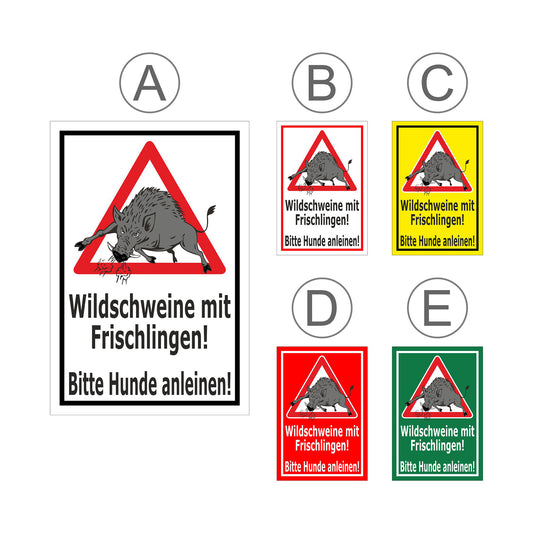 Übersichtsbild Schild Wildschweine mit Frischlingen – Bitte Hunde anleinen ‚Wildschweine mit Frischlingen! Bitte Hunde anleinen!‘ mit allen verfügbaren Farb- und Materialvarianten