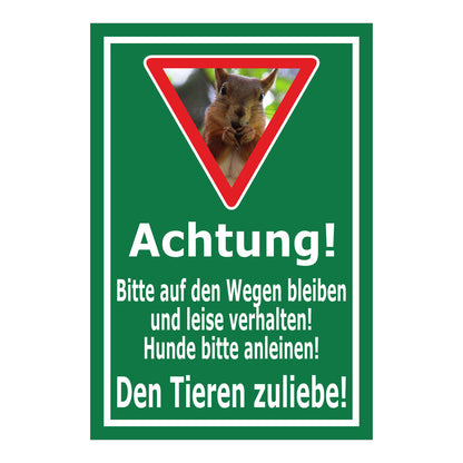 Schild Achtung – Bitte auf den Wegen bleiben und Hunde anleinen ‚Achtung! Bitte auf den Wegen bleiben und leise verhalten! Hunde bitte anleinen! Den Tieren zuliebe!‘ in grün