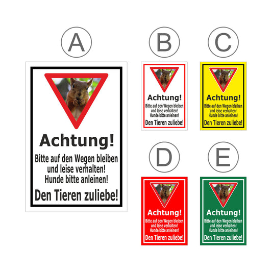 Übersichtsbild Schild Achtung – Bitte auf den Wegen bleiben und Hunde anleinen ‚Achtung! Bitte auf den Wegen bleiben und leise verhalten! Hunde bitte anleinen! Den Tieren zuliebe!‘ mit allen verfügbaren Farb- und Materialvarianten