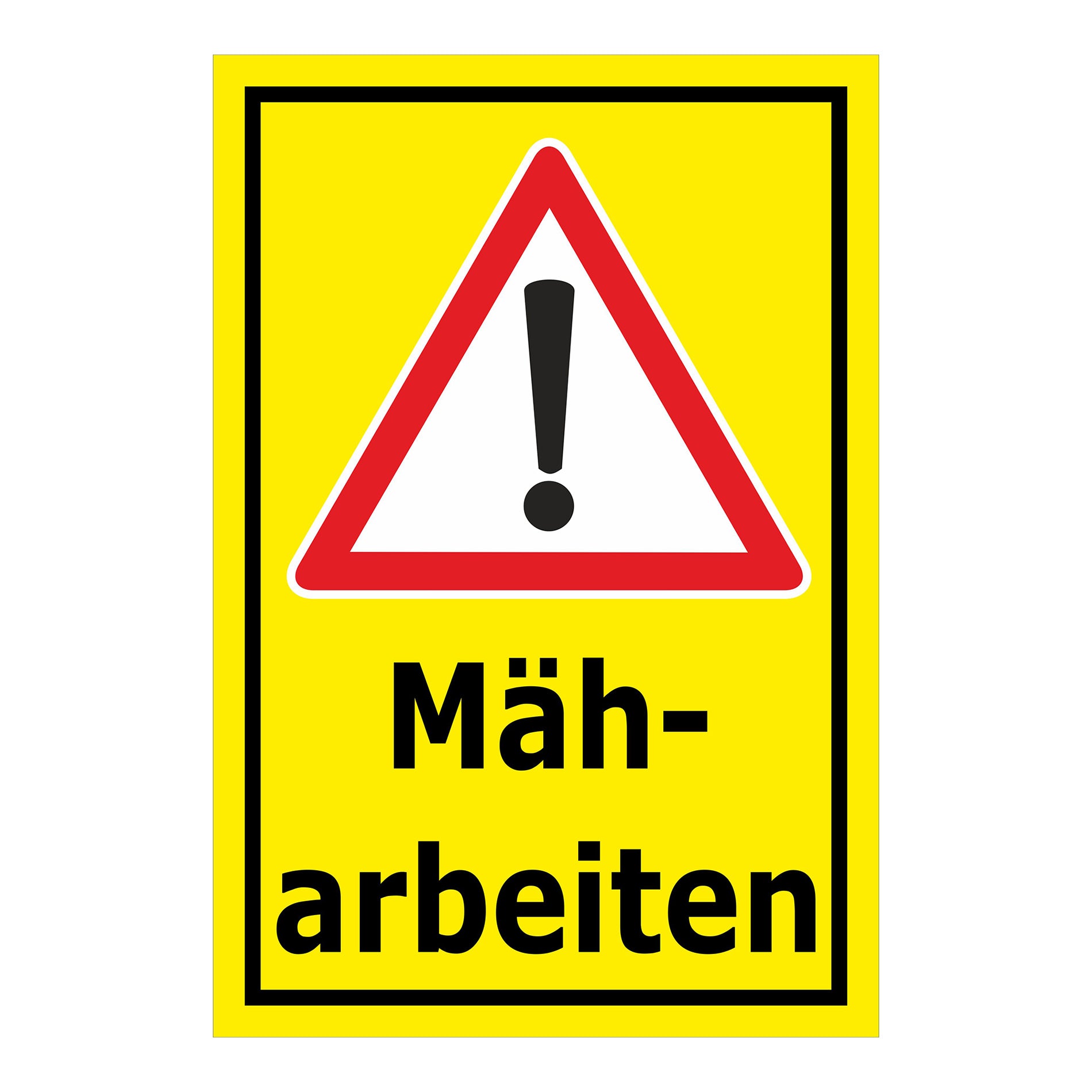 Schild Mäharbeiten – Achtung Warnhinweis ‚Mäharbeiten‘ in gelb