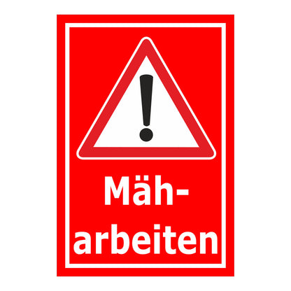 Schild Mäharbeiten – Achtung Warnhinweis ‚Mäharbeiten‘ in gelb