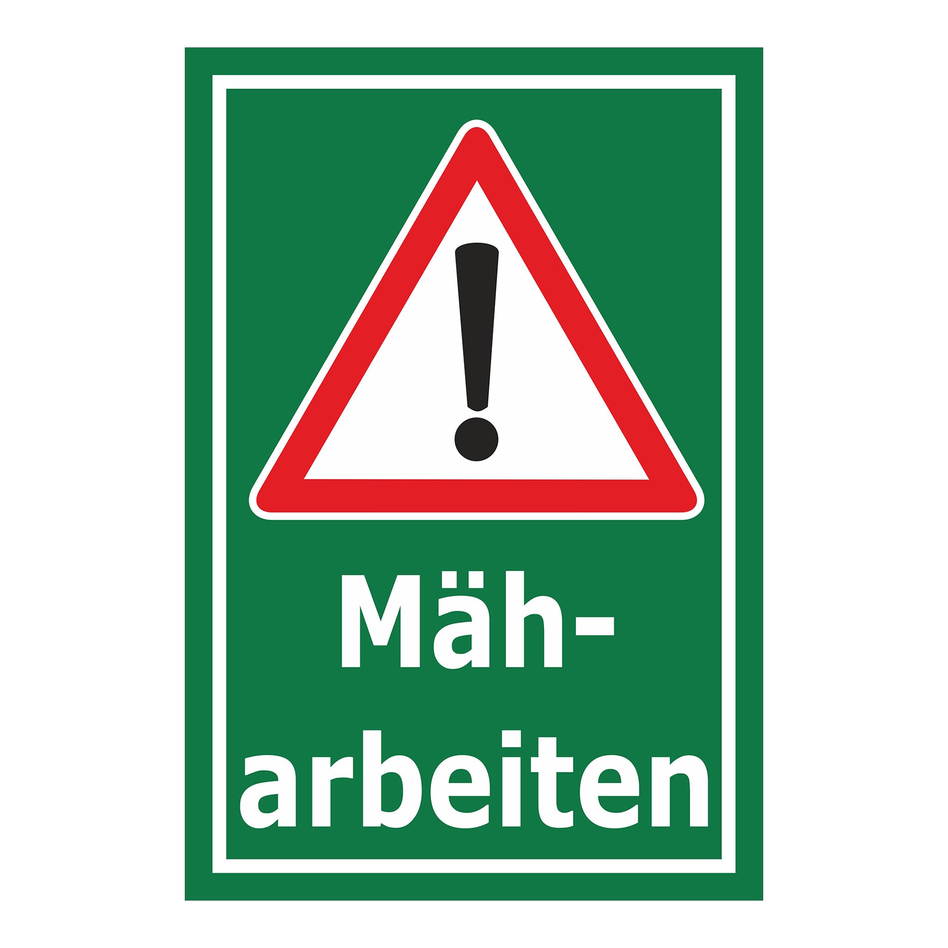 Schild Mäharbeiten – Achtung Warnhinweis ‚Mäharbeiten‘ in grün