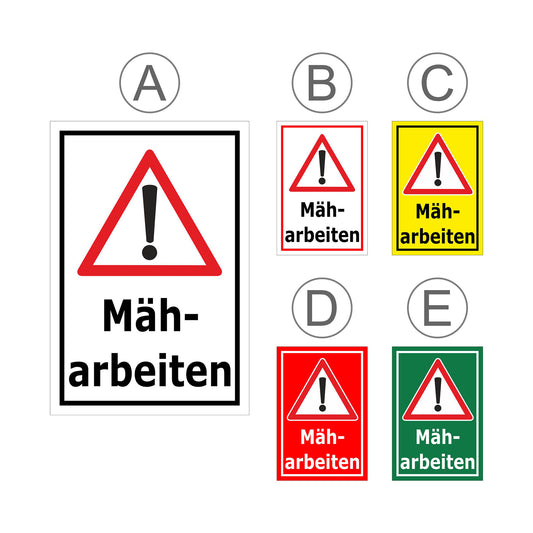 Übersichtsbild Schild Mäharbeiten – Achtung Warnhinweis ‚Mäharbeiten‘ mit allen verfügbaren Farb- und Materialvarianten