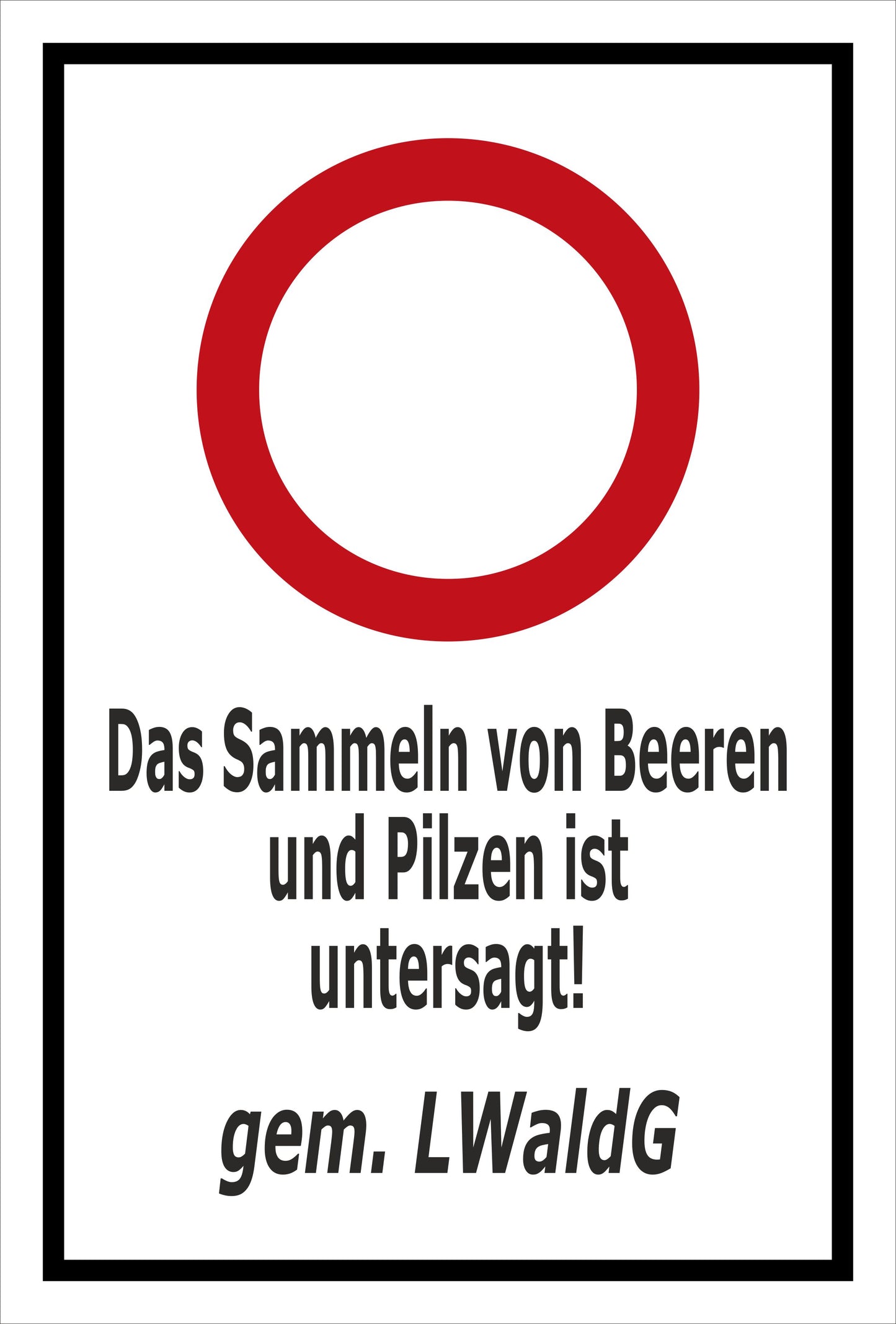 Schild Das Sammeln von Beeren und Pilzen ist untersagt gem. LWaldG weiß schwarzer Rahmen roter Verbotsring