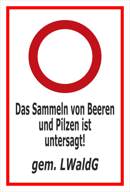 Schild Das Sammeln von Beeren und Pilzen ist untersagt gem. LWaldG weiß roter Rahmen roter Verbotsring