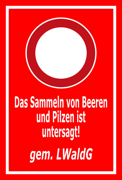 Schild Das Sammeln von Beeren und Pilzen ist untersagt gem. LWaldG in rot