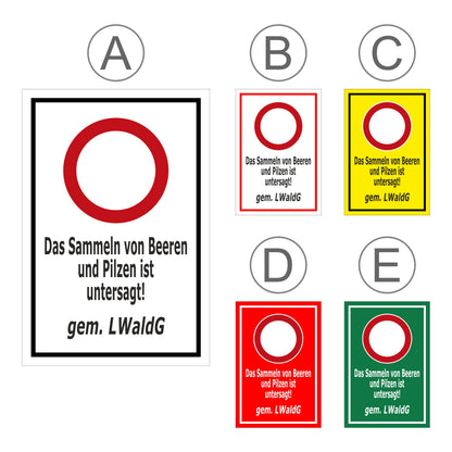 Verkehrszeichen Symbol roter Ring Zeichen 250 mit Text Sammeln von Beeren und Pilzen untersagt gemäß LWaldG