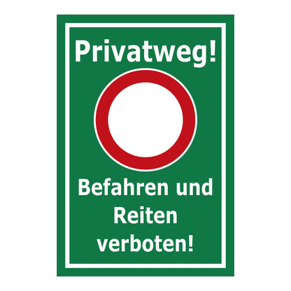 Schild Privatweg Befahren und Reiten verboten in grün