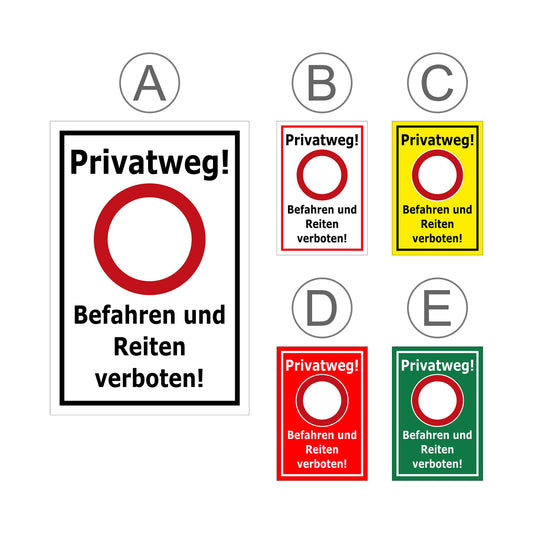 Übersicht Schild Privatweg Befahren und Reiten verboten in verschiedenen Farben
