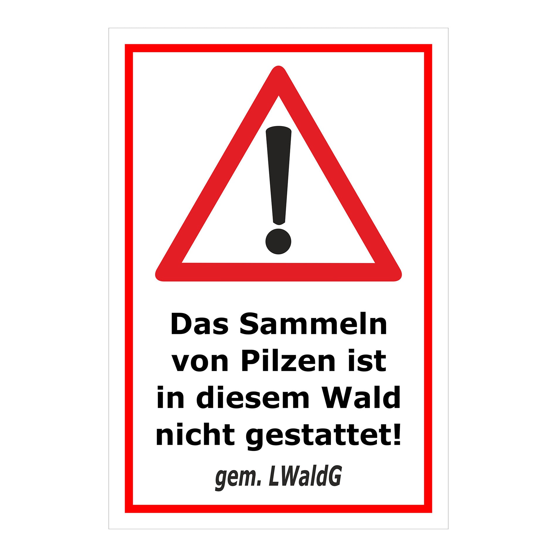 Schild Pilze sammeln verboten – Hinweis Waldgebiet ‚Das Sammeln von Pilzen ist in diesem Wald nicht gestattet! gem. LWaldG‘ in weiß mit rotem Rand