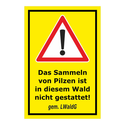 Schild Pilze sammeln verboten – Hinweis Waldgebiet ‚Das Sammeln von Pilzen ist in diesem Wald nicht gestattet! gem. LWaldG‘ in gelb mit schwarzem Rand