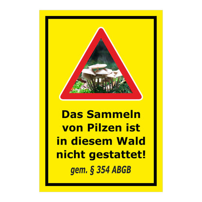 Schild Pilzesammeln verboten – Hinweis nach ABGB ‚Das Sammeln von Pilzen ist in diesem Wald nicht gestattet! gem. § 354 ABGB‘ in gelb mit schwarzem Rahmen
