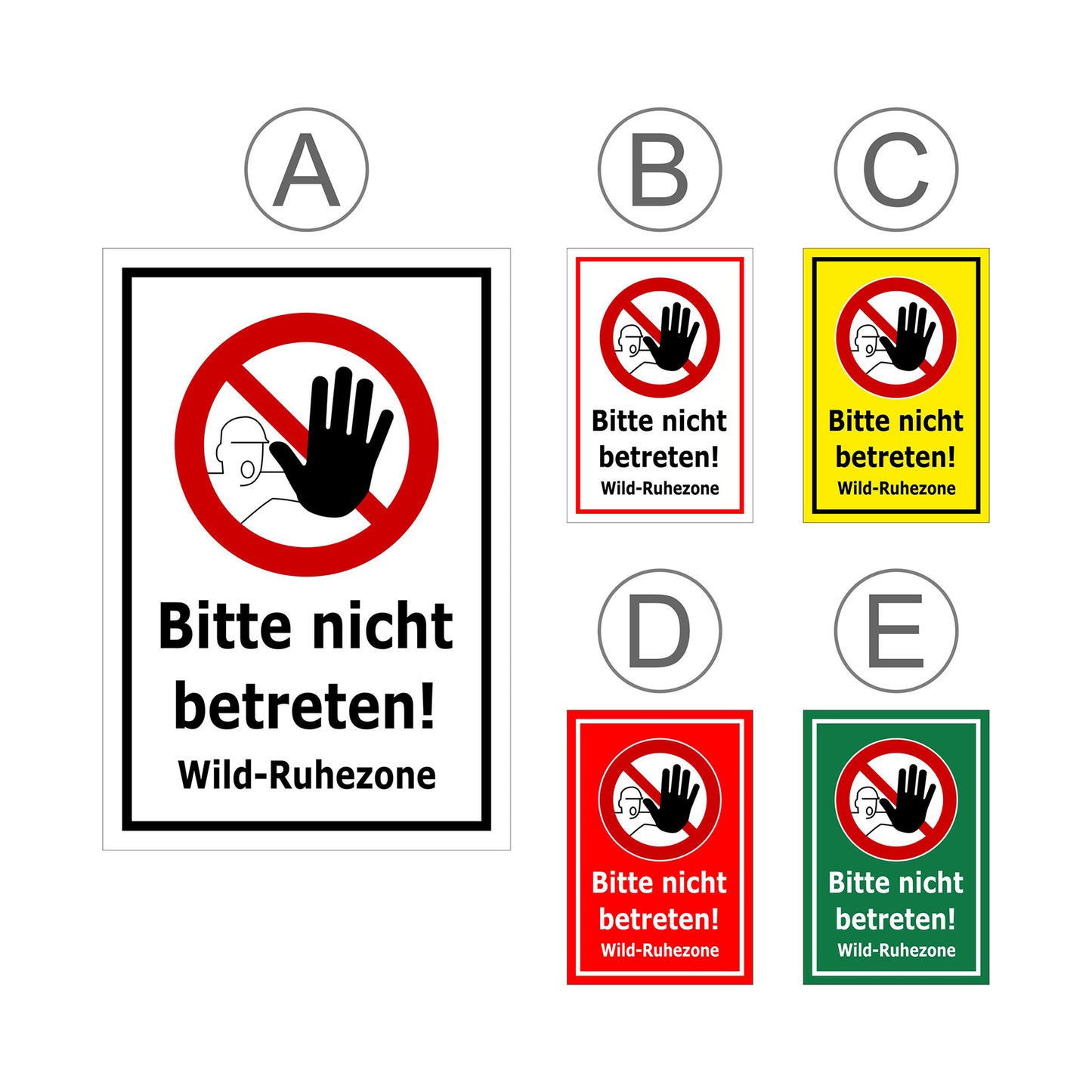 Übersichtsbild Schild Bitte nicht betreten – Wild-Ruhezone mit Verbotssymbol „Bitte nicht betreten! Wild-Ruhezone“ mit allen verfügbaren Farb- und Materialvarianten