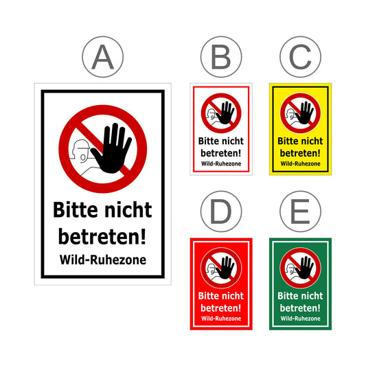Übersichtsbild Schild Bitte nicht betreten – Wild-Ruhezone mit Verbotssymbol „Bitte nicht betreten! Wild-Ruhezone“ mit allen verfügbaren Farb- und Materialvarianten