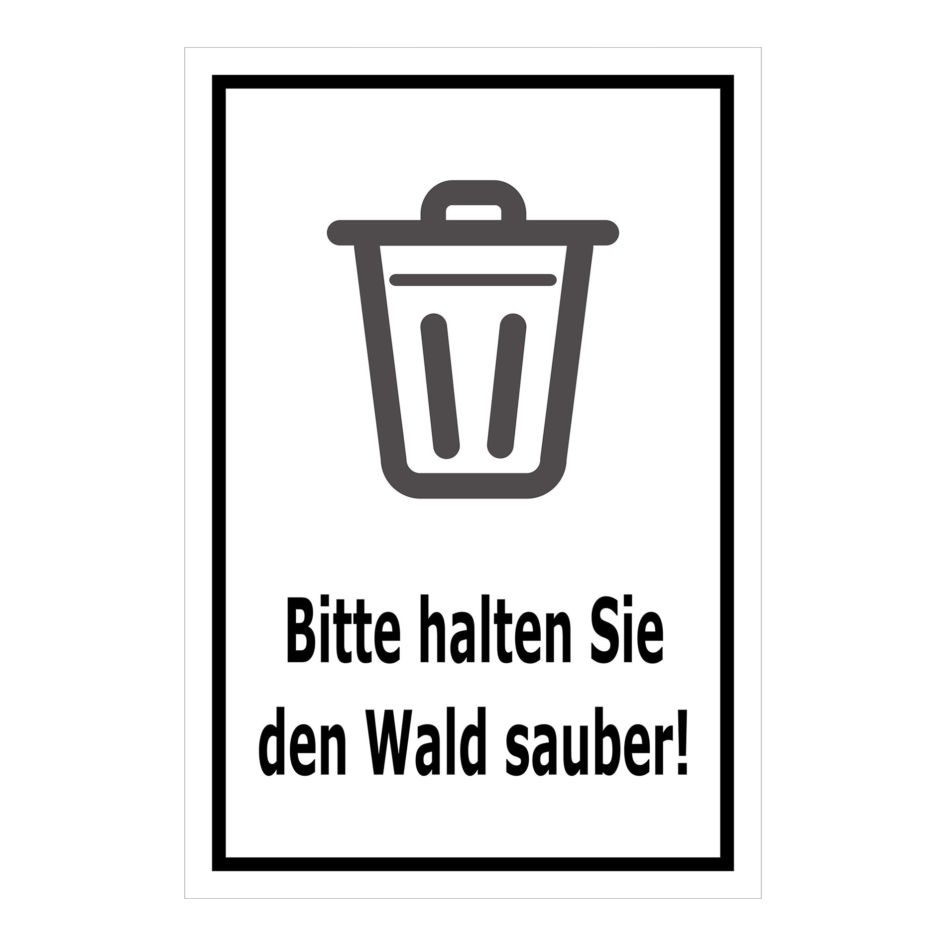Schild Bitte halten Sie den Wald sauber – Hinweisschild mit Abfallpiktogramm „Bitte halten Sie den Wald sauber!“ in weiß mit schwarzem Rand
