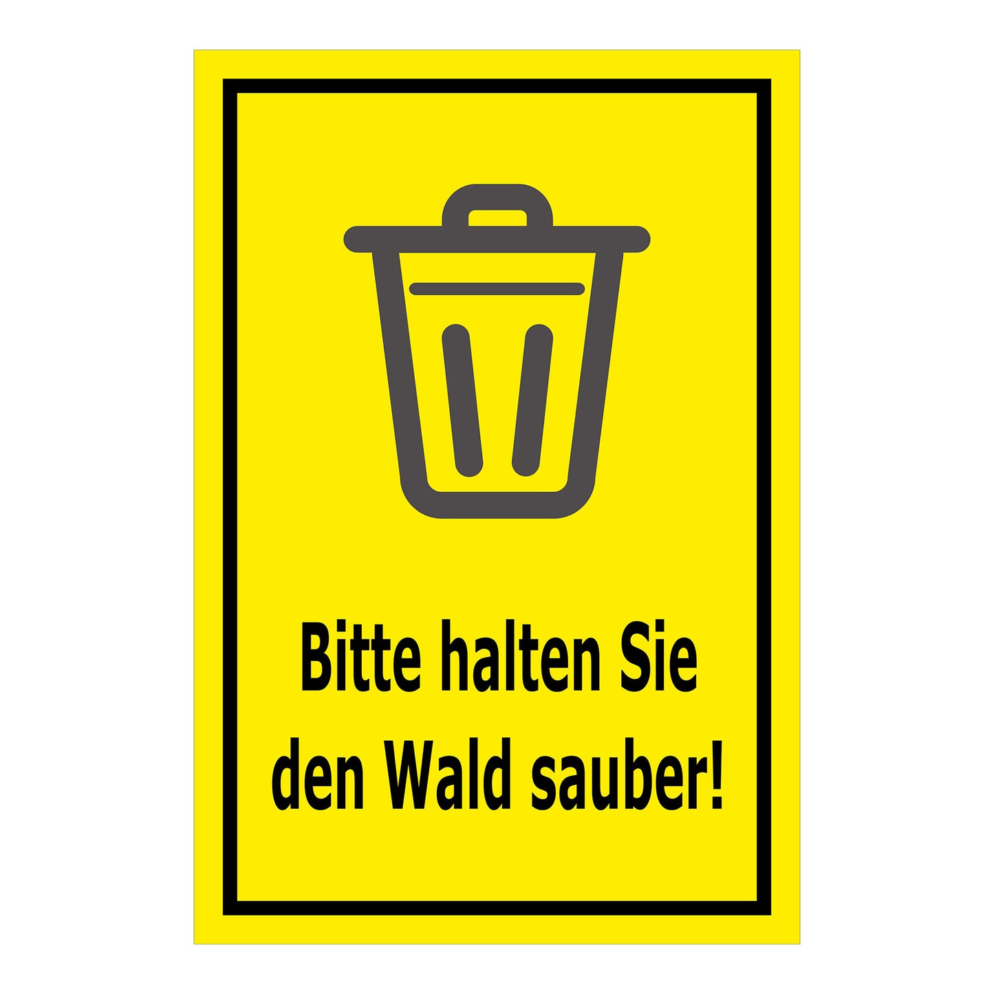Schild Bitte halten Sie den Wald sauber – Hinweisschild mit Abfallpiktogramm „Bitte halten Sie den Wald sauber!“ in gelb mit schwarzem Rand