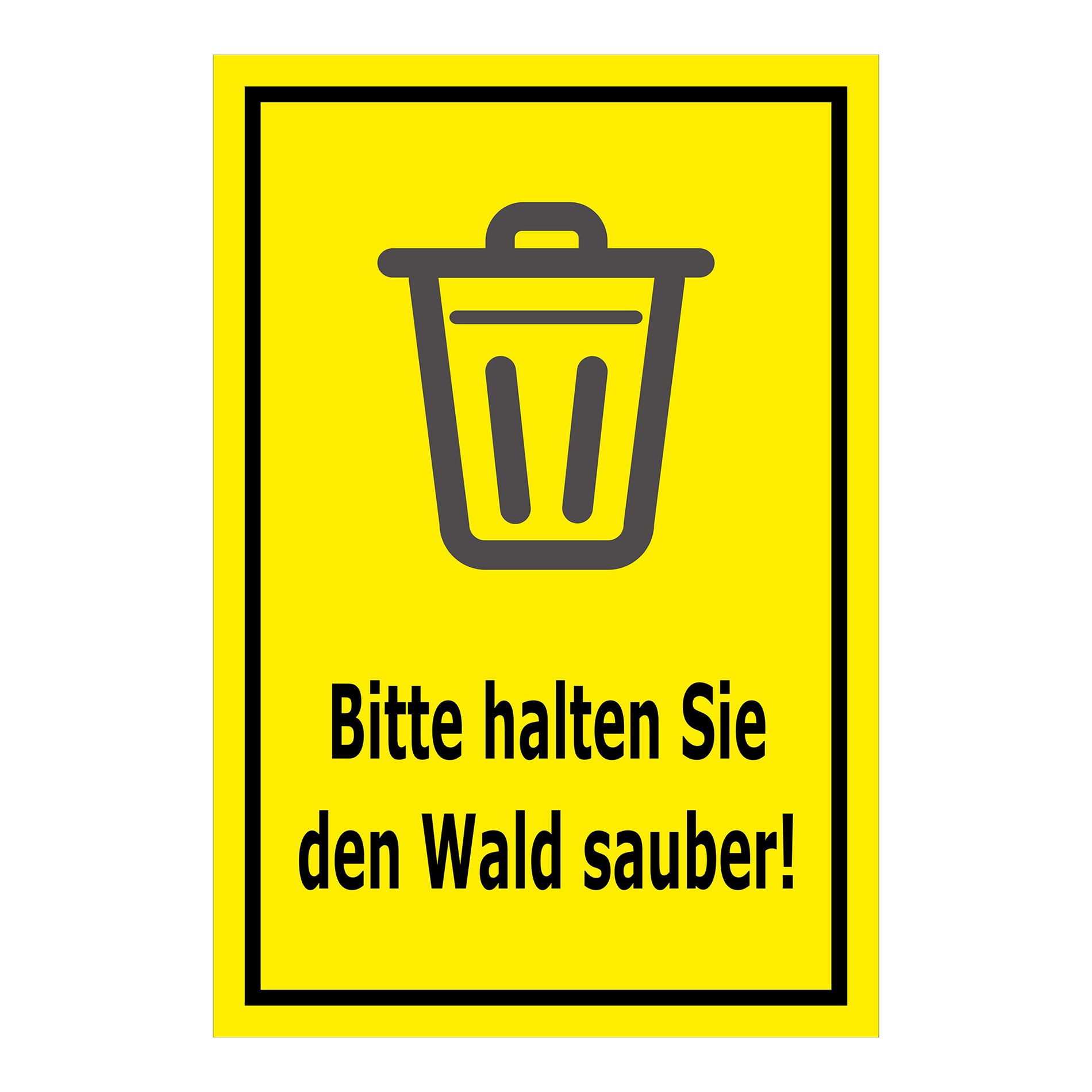 Schild Bitte halten Sie den Wald sauber – Hinweisschild mit Abfallpiktogramm „Bitte halten Sie den Wald sauber!“ in gelb mit schwarzem Rand
