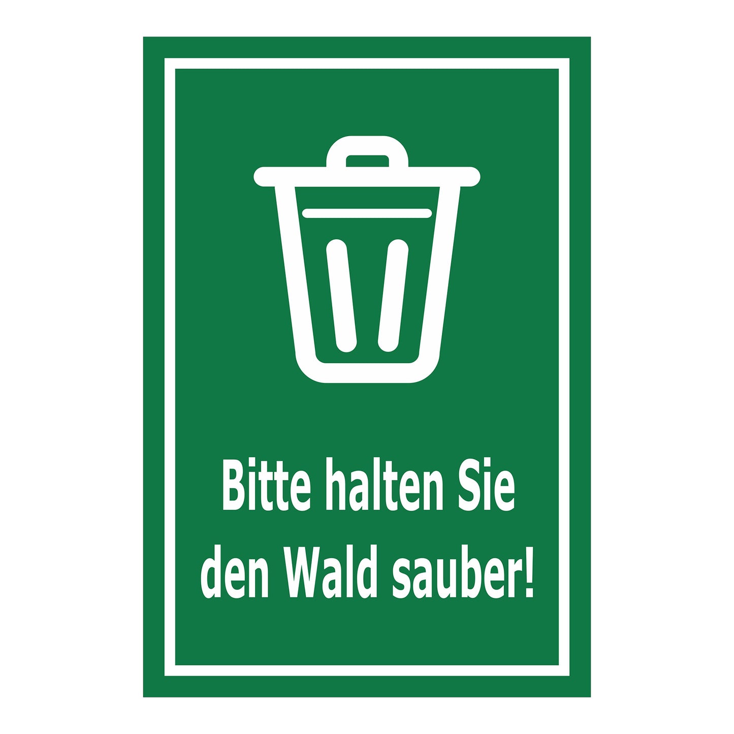 Schild Bitte halten Sie den Wald sauber – Hinweisschild mit Abfallpiktogramm „Bitte halten Sie den Wald sauber!“ in grün mit weißem Rand