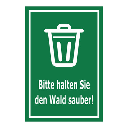 Schild Bitte halten Sie den Wald sauber – Hinweisschild mit Abfallpiktogramm „Bitte halten Sie den Wald sauber!“ in grün mit weißem Rand