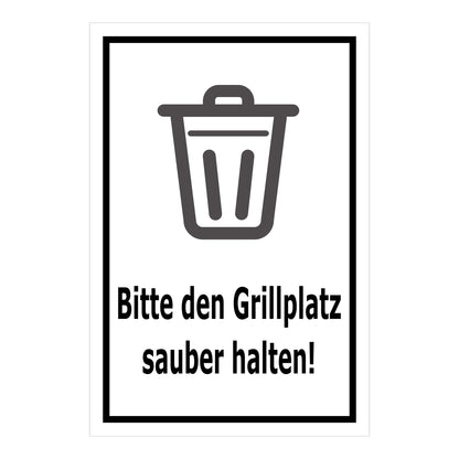 Schild Bitte den Grillplatz sauber halten – Hinweisschild mit Abfallpiktogramm „Bitte den Grillplatz sauber halten!“ in weiß mit schwarzem Rand