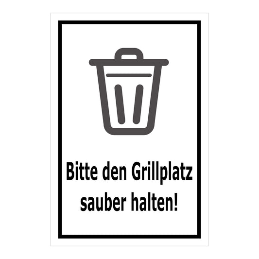 Schild Bitte den Grillplatz sauber halten – Hinweisschild mit Abfallpiktogramm „Bitte den Grillplatz sauber halten!“ in weiß mit schwarzem Rand