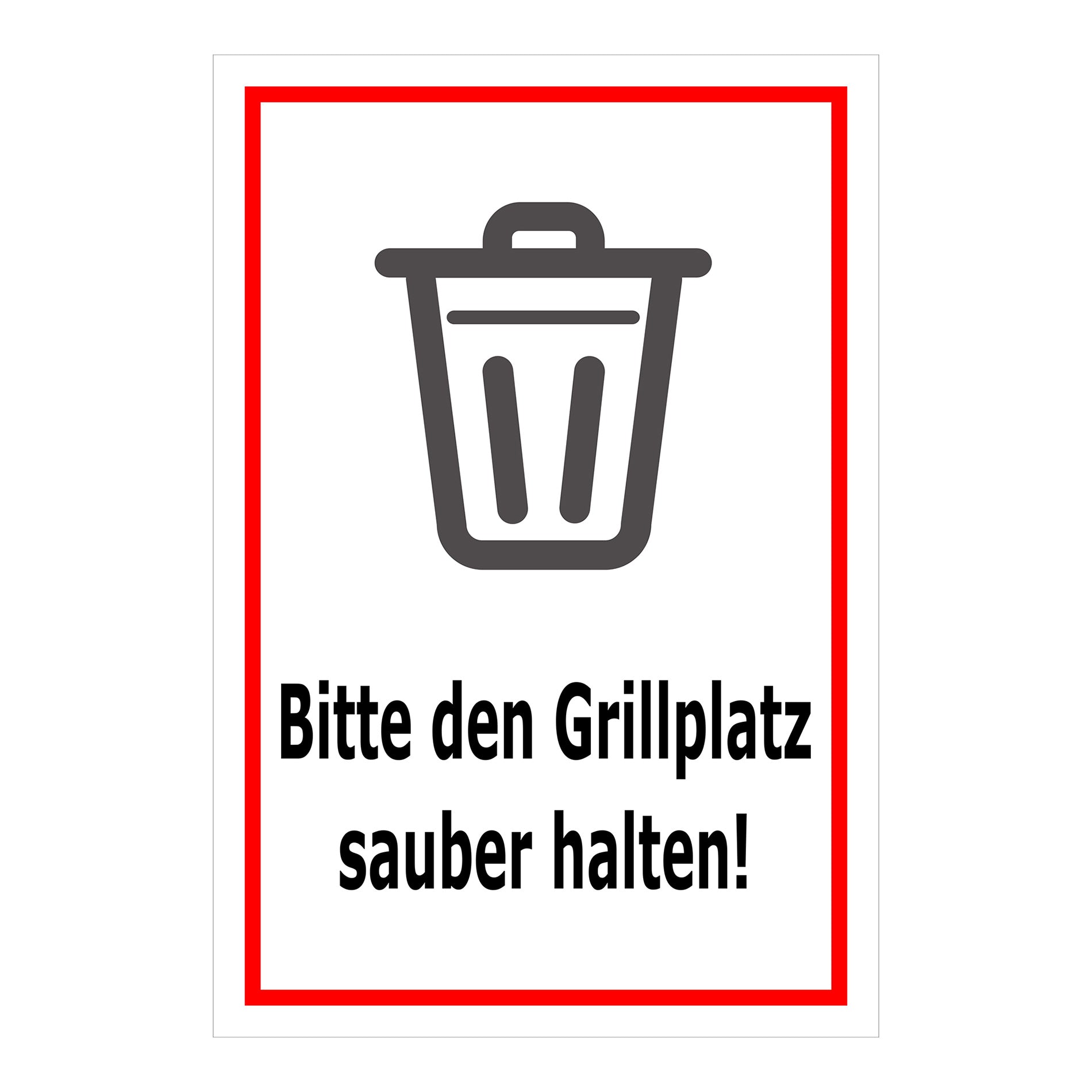 Schild Bitte den Grillplatz sauber halten – Hinweisschild mit Abfallpiktogramm „Bitte den Grillplatz sauber halten!“ in weiß mit rotem Rand