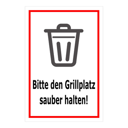 Schild Bitte den Grillplatz sauber halten – Hinweisschild mit Abfallpiktogramm „Bitte den Grillplatz sauber halten!“ in weiß mit rotem Rand
