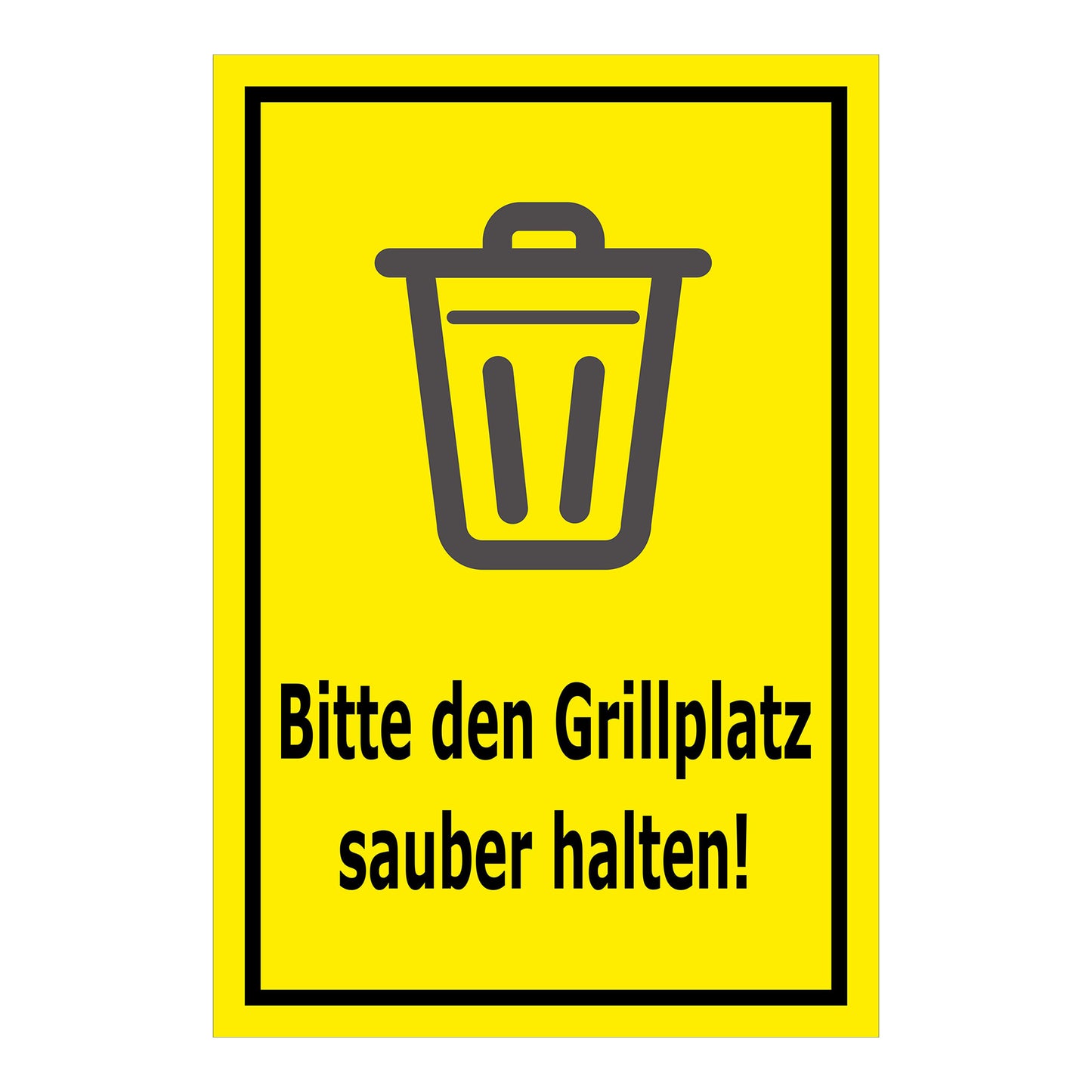 Schild Bitte den Grillplatz sauber halten – Hinweisschild mit Abfallpiktogramm „Bitte den Grillplatz sauber halten!“ in gelb mit schwarzem Rand