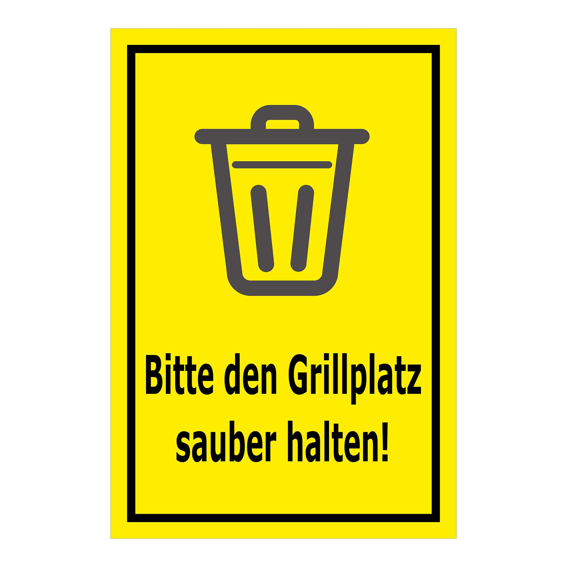 Schild Bitte den Grillplatz sauber halten – Hinweisschild mit Abfallpiktogramm „Bitte den Grillplatz sauber halten!“ in gelb mit schwarzem Rand