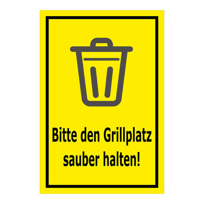 Schild Bitte den Grillplatz sauber halten – Hinweisschild mit Abfallpiktogramm „Bitte den Grillplatz sauber halten!“ in gelb mit schwarzem Rand