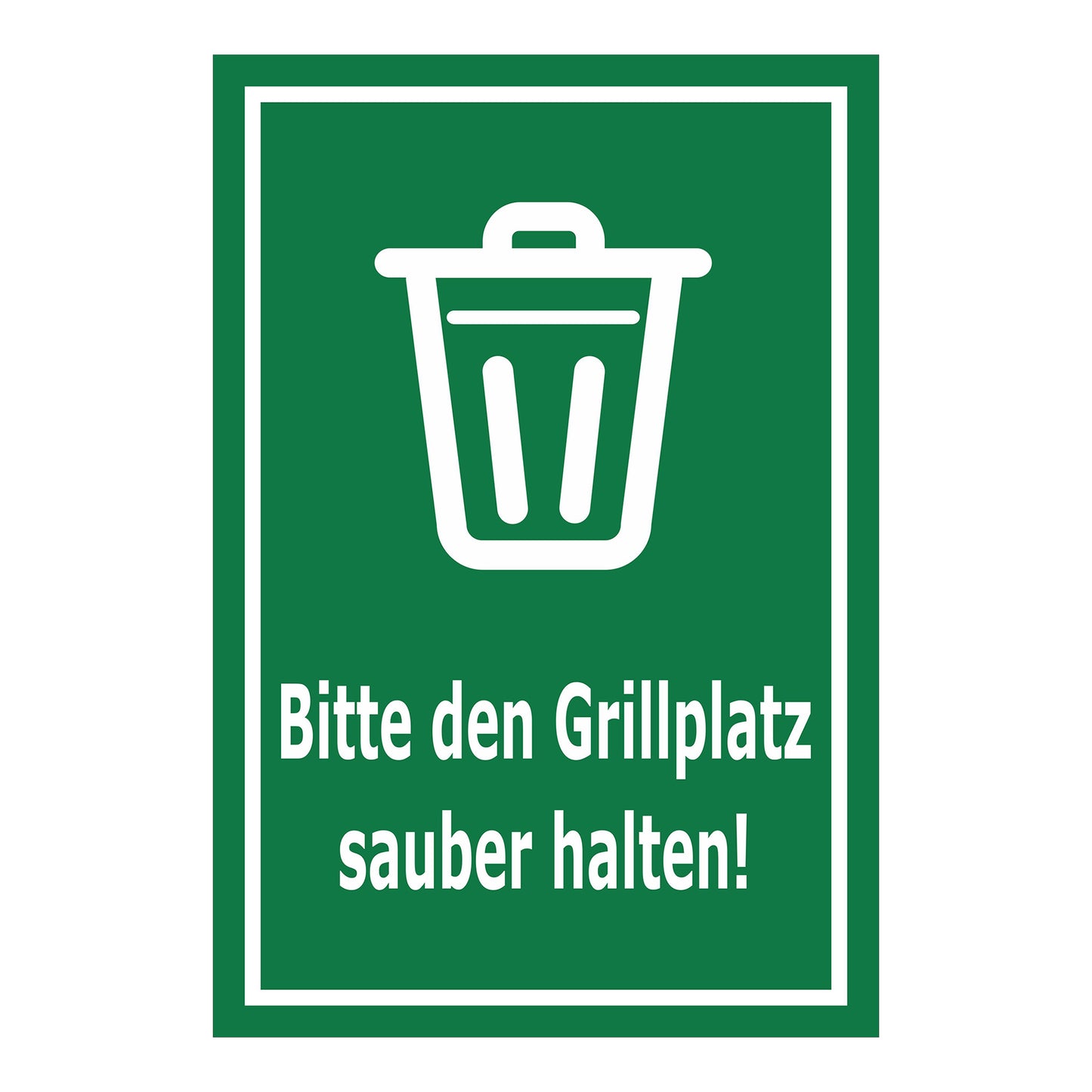 Schild Bitte den Grillplatz sauber halten – Hinweisschild mit Abfallpiktogramm „Bitte den Grillplatz sauber halten!“ in grün mit weißem Rand