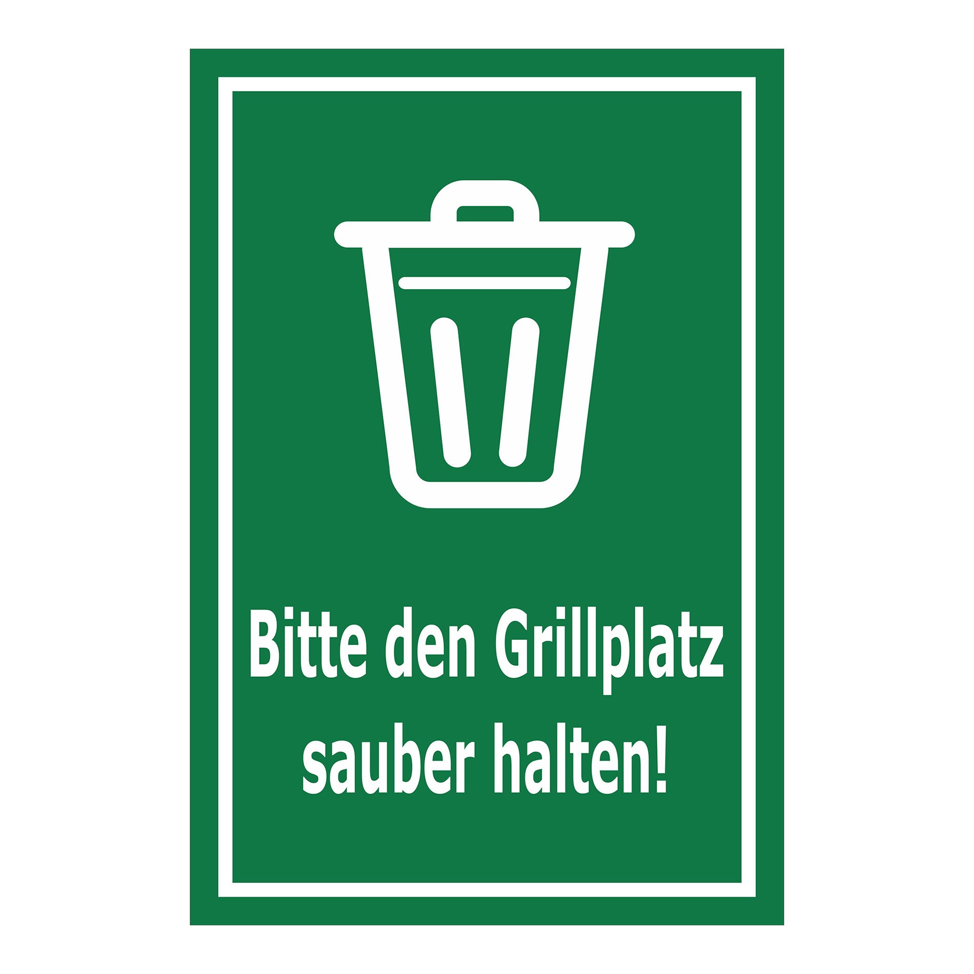 Schild Bitte den Grillplatz sauber halten – Hinweisschild mit Abfallpiktogramm „Bitte den Grillplatz sauber halten!“ in grün mit weißem Rand