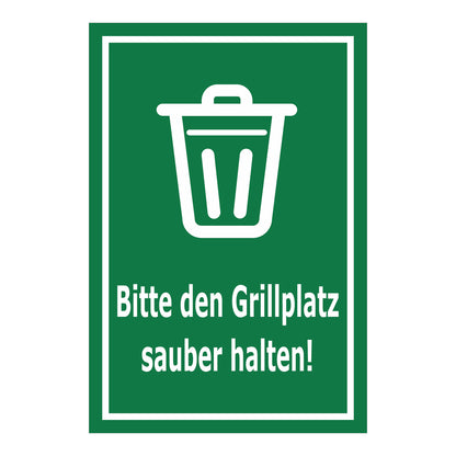 Schild Bitte den Grillplatz sauber halten – Hinweisschild mit Abfallpiktogramm „Bitte den Grillplatz sauber halten!“ in grün mit weißem Rand