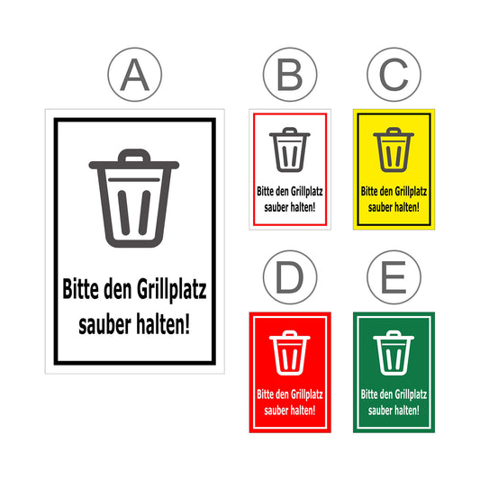 Übersichtsbild Schild Bitte den Grillplatz sauber halten – Hinweisschild mit Abfallpiktogramm „Bitte den Grillplatz sauber halten!“ mit allen verfügbaren Farb- und Materialvarianten