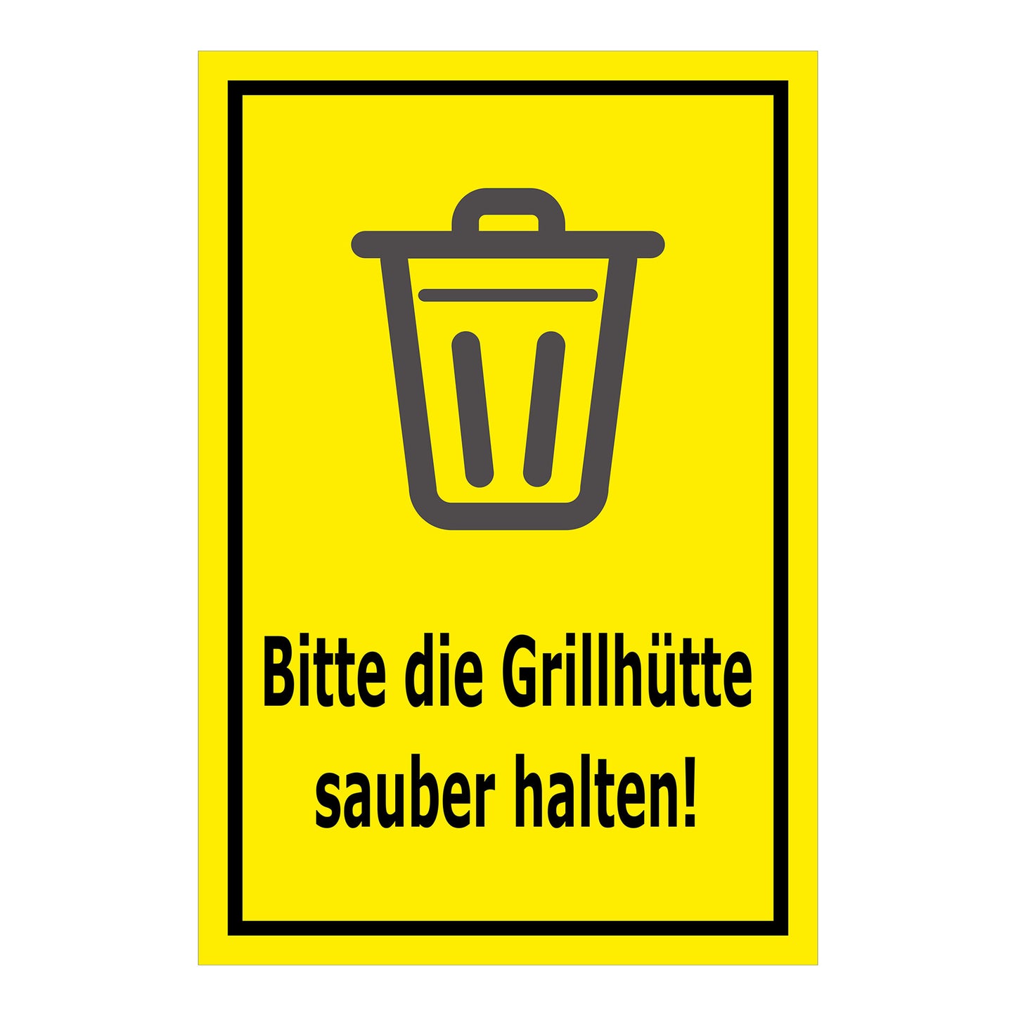 Schild Grillhütte sauber halten – Bitte beachten ‚Bitte die Grillhütte sauber halten!‘ in gelb mit schwarzem Symbol und schwarzem Rahmen