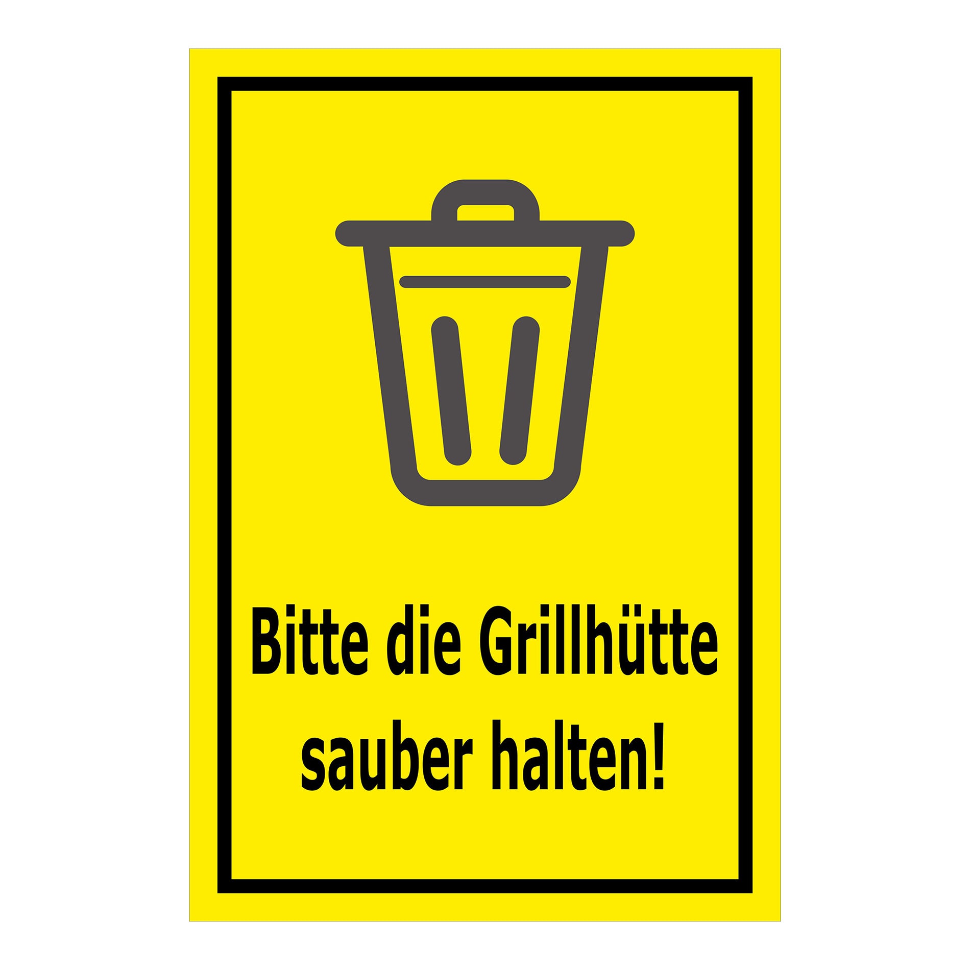 Schild Grillhütte sauber halten – Bitte beachten ‚Bitte die Grillhütte sauber halten!‘ in gelb mit schwarzem Symbol und schwarzem Rahmen