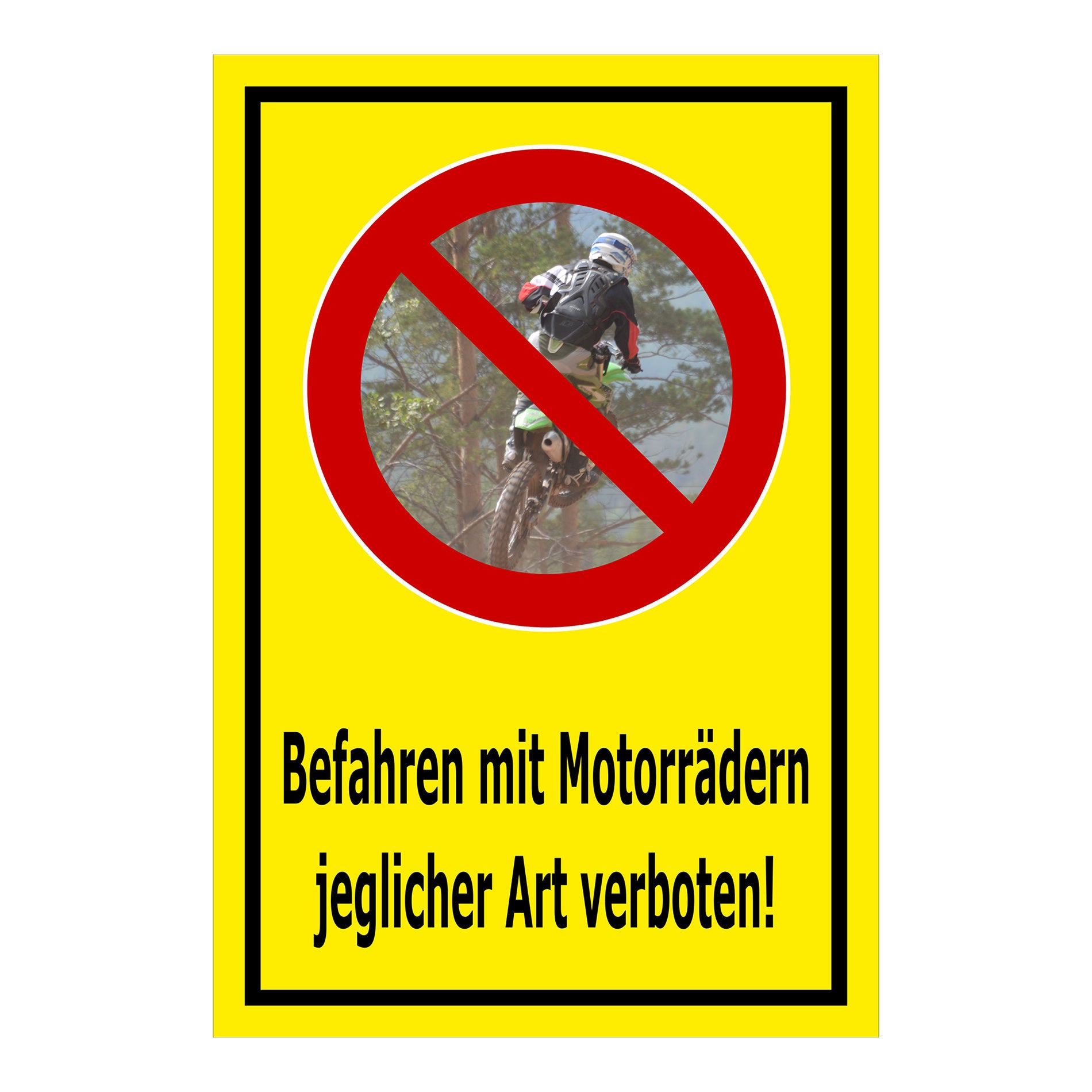 Schild Befahren mit Motorrädern verboten – jeglicher Art in gelbem Hintergrund