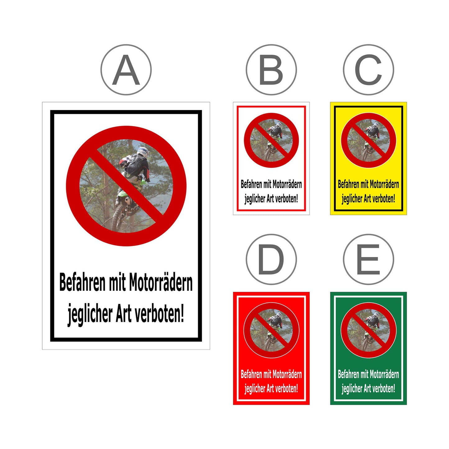 Übersichtsbild Schild Befahren mit Motorrädern verboten – jeglicher Art mit allen verfügbaren Farb- und Materialvarianten