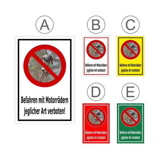 Übersichtsbild Schild Befahren mit Motorrädern verboten – jeglicher Art mit allen verfügbaren Farb- und Materialvarianten