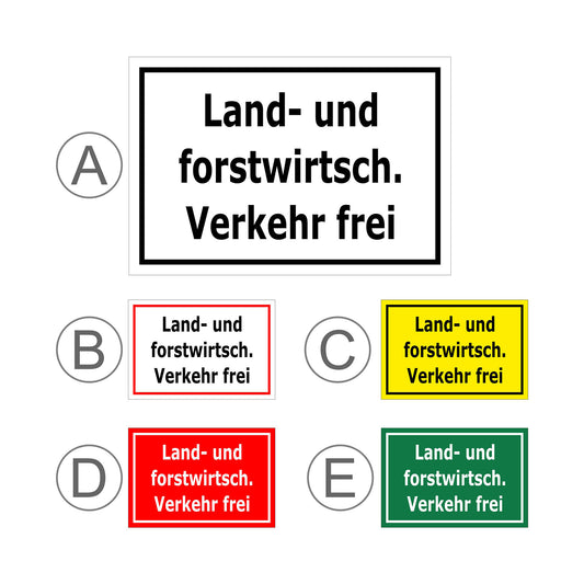 Übersichtsbild Schild Land- und forstwirtschaftlicher Verkehr frei mit Darstellung aller verfügbaren Farb- und Materialausführungen