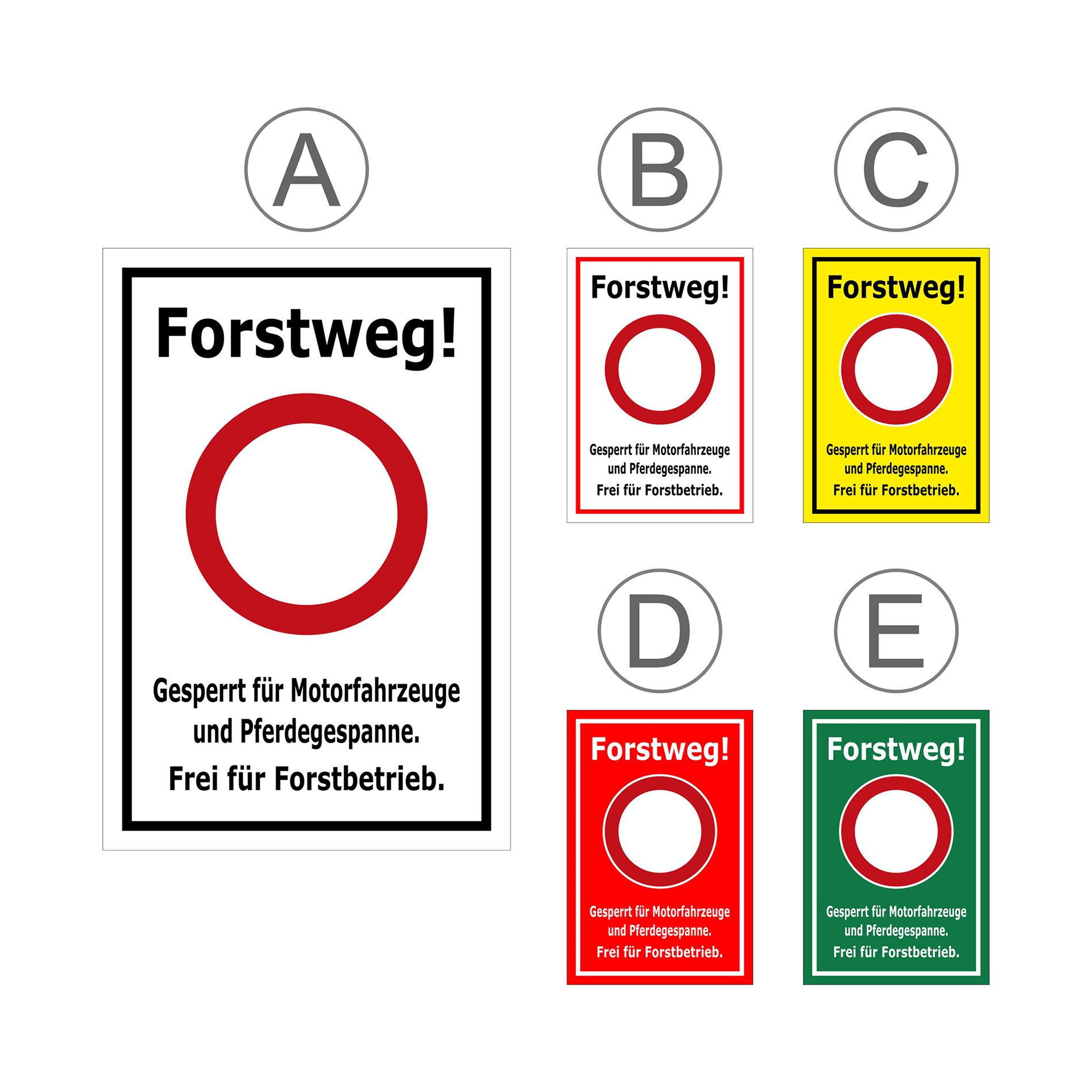 Übersichtsbild Schild Forstweg – Gesperrt für Motorfahrzeuge – Frei für Forstbetrieb ‚Forstweg! Gesperrt für Motorfahrzeuge und Pferdegespanne. Frei für Forstbetrieb.‘ mit allen verfügbaren Farb- und Materialvarianten