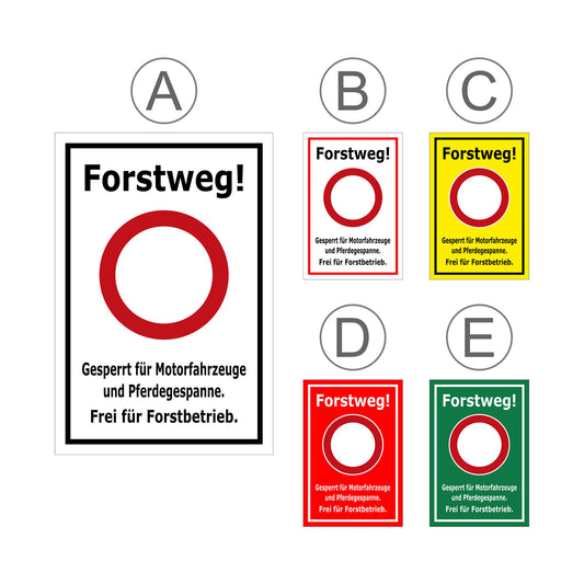 Übersichtsbild Schild Forstweg – Gesperrt für Motorfahrzeuge – Frei für Forstbetrieb ‚Forstweg! Gesperrt für Motorfahrzeuge und Pferdegespanne. Frei für Forstbetrieb.‘ mit allen verfügbaren Farb- und Materialvarianten
