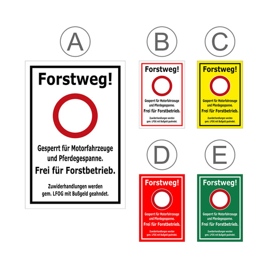 Übersichtsbild Forstweg-Schild - Frei für Forstbetrieb - mit Verbotszeichen und allen Farbvarianten