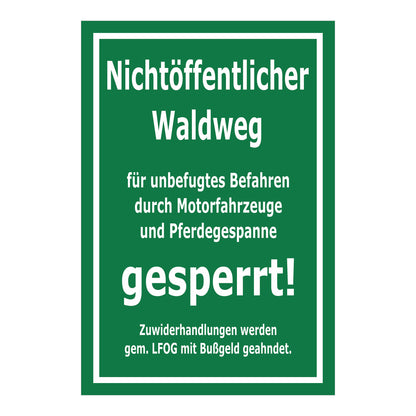 Schild Nichtöffentlicher Waldweg gesperrt in Grün mit weißer Schrift