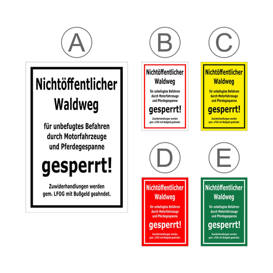 Übersichtsbild Schild Nichtöffentlicher Waldweg gesperrt mit allen Farbvarianten