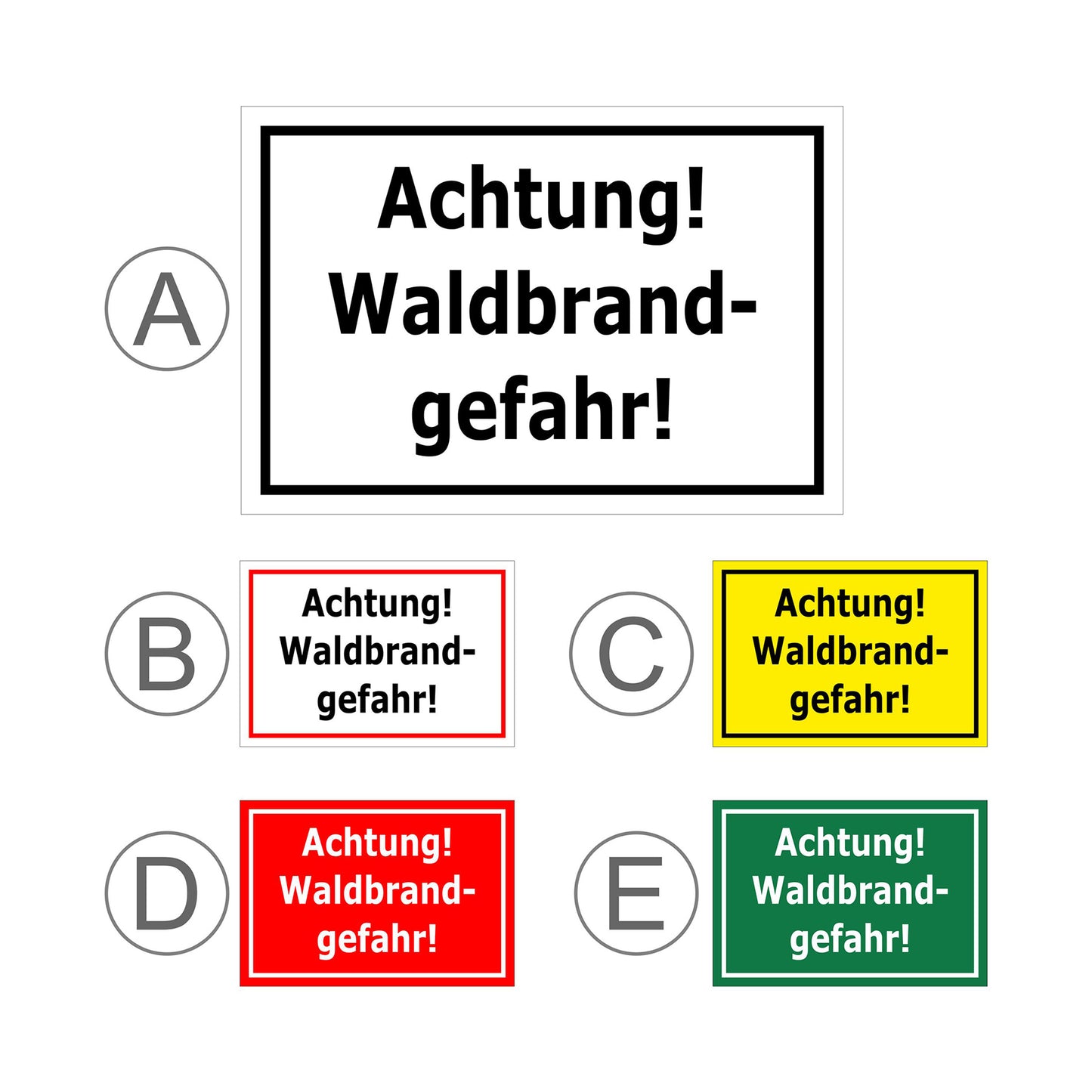 Übersichtsbild Schild Achtung Waldbrandgefahr mit allen verfügbaren Farb- und Materialvarianten