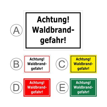 Übersichtsbild Schild Achtung Waldbrandgefahr mit allen verfügbaren Farb- und Materialvarianten